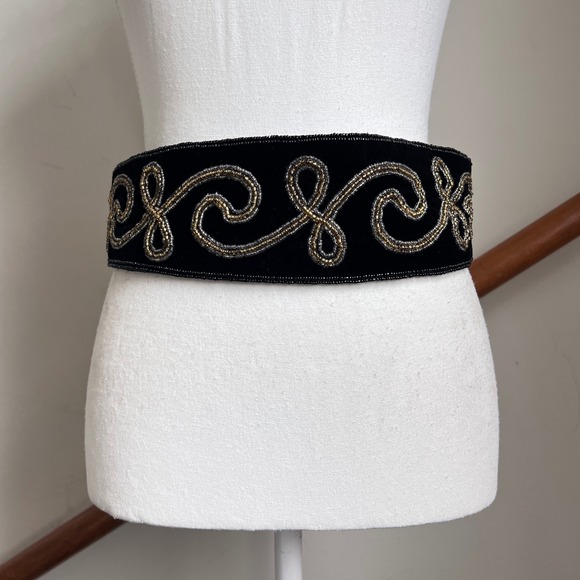 Vintage 90s Beaded Velvet Waist Belt Black Metallic Ornate Statement Chunky Wide main image 9